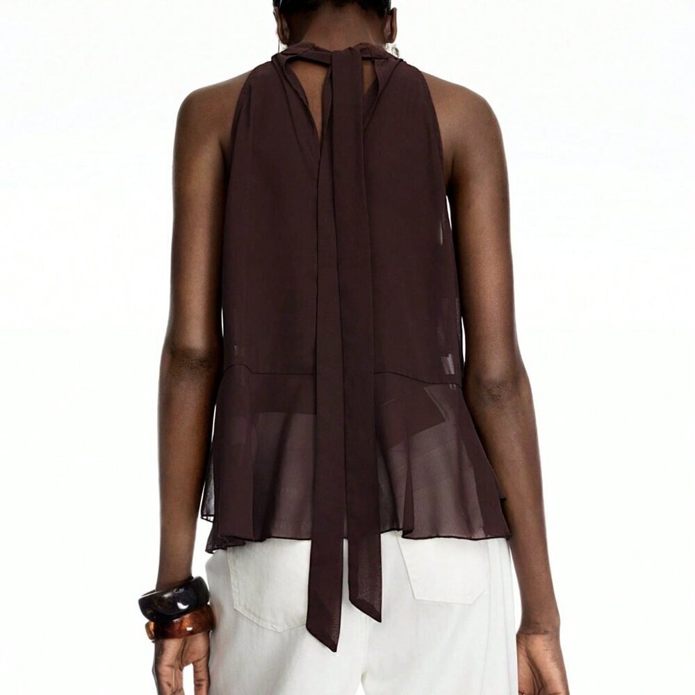 Coffee Brown Casual Women's Ruffle Chiffon Halter Top With Tie – Boho Style - Picture 2 of 7